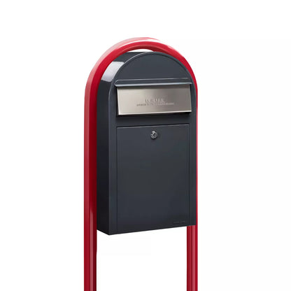 USPS Approved Bobi Grande Slim Front Access Modern Locking Grey Mailbox with Stainless Steel Mail Slot and Round Red Post Combo