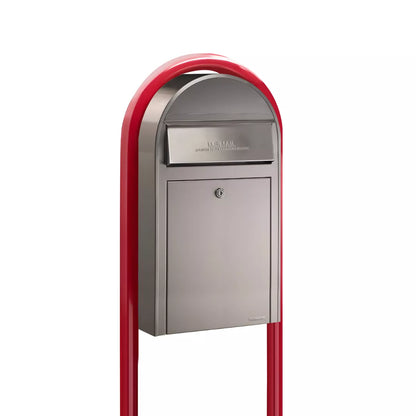 Bobi Grande Slim Front Access Modern Locking Stainless Steel Mailbox with Round Red Post Combo