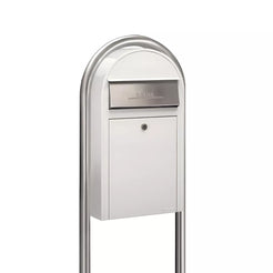 USPS Approved Bobi Grande Slim Front Access Modern Locking White Mailbox with Round Stainless Steel Post Combo