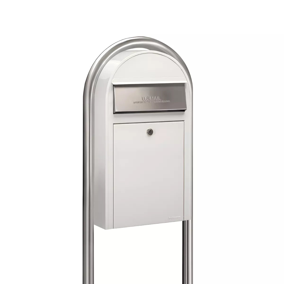 USPS Approved Bobi Grande Slim Front Access Modern Locking White Mailbox with Round Stainless Steel Post Combo