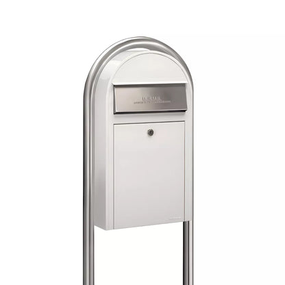 USPS Approved Bobi Grande Slim Front Access Modern Locking White Mailbox with Round Stainless Steel Post Combo