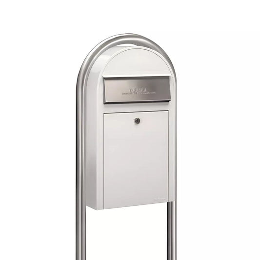 USPS Approved Bobi Grande Slim Front Access Modern Locking White Mailbox with Round Stainless Steel Post Combo