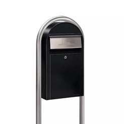USPS Approved Bobi Grande Slim Front Access Modern Locking Black Mailbox with Round Stainless Steel Post Combo