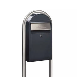 Bobi Grande Slim Front Access Modern Locking Grey Mailbox with Round Stainless Steel Post Combo