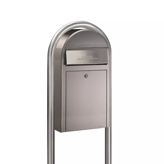 Bobi Grande Slim Front Access Modern Locking Stainless Steel Mailbox with Round Stainless Steel Post Combo