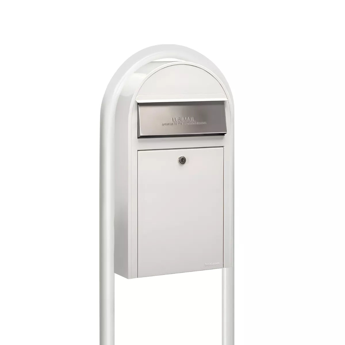 USPS Approved Bobi Grande Slim Front Access Modern Locking White Mailbox with Round White Post Combo