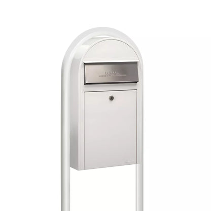 USPS Approved Bobi Grande Slim Front Access Modern Locking White Mailbox with Round White Post Combo