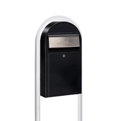 USPS Approved Bobi Grande Slim Front Access Modern Locking Black Mailbox with Stainless Steel Mail Slot and Round White Post Combo