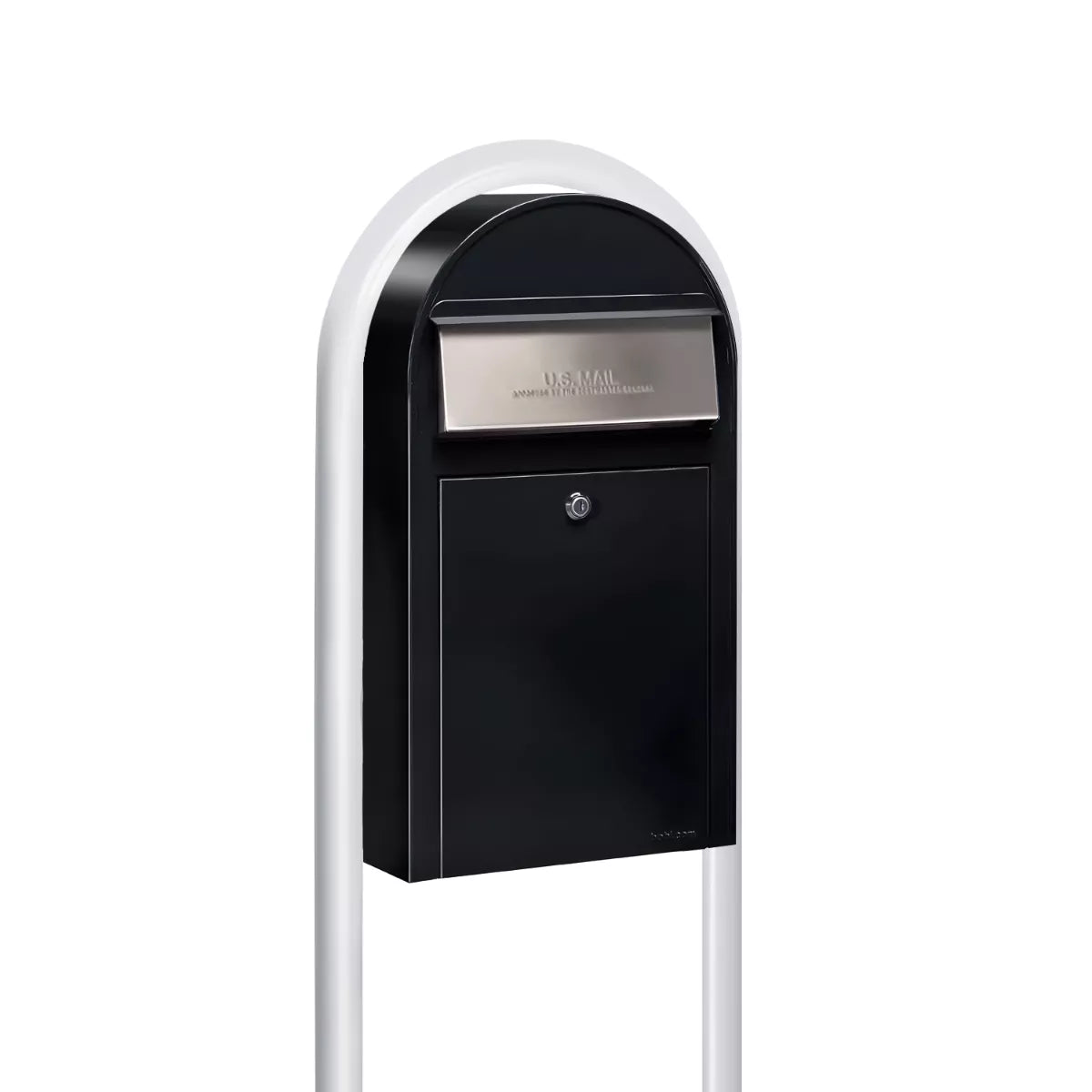 USPS Approved Bobi Grande Slim Front Access Modern Locking Black Mailbox with Stainless Steel Mail Slot and Round White Post Combo