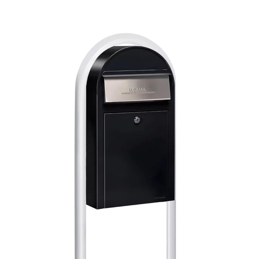 USPS Approved Bobi Grande Slim Front Access Modern Locking Black Mailbox with Stainless Steel Mail Slot and Round White Post Combo