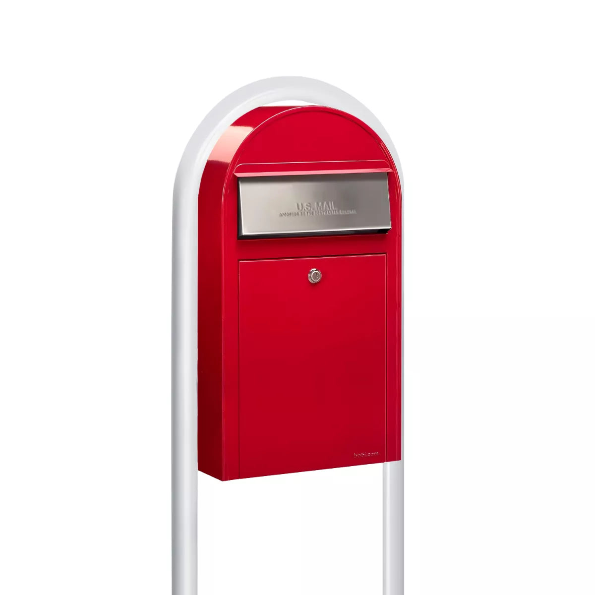 USPS Approved Bobi Grande Slim Front Access Modern Locking Red Mailbox with Stainless Steel Mail Slot and Round White Post Combo