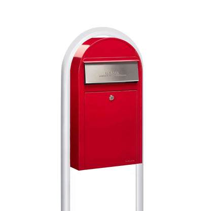USPS Approved Bobi Grande Slim Front Access Modern Locking Red Mailbox with Stainless Steel Mail Slot and Round White Post Combo