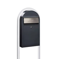 USPS Approved Bobi Grande Slim Front Access Modern Locking Grey Mailbox with Stainless Steel Mail Slot and Round White Post Combo