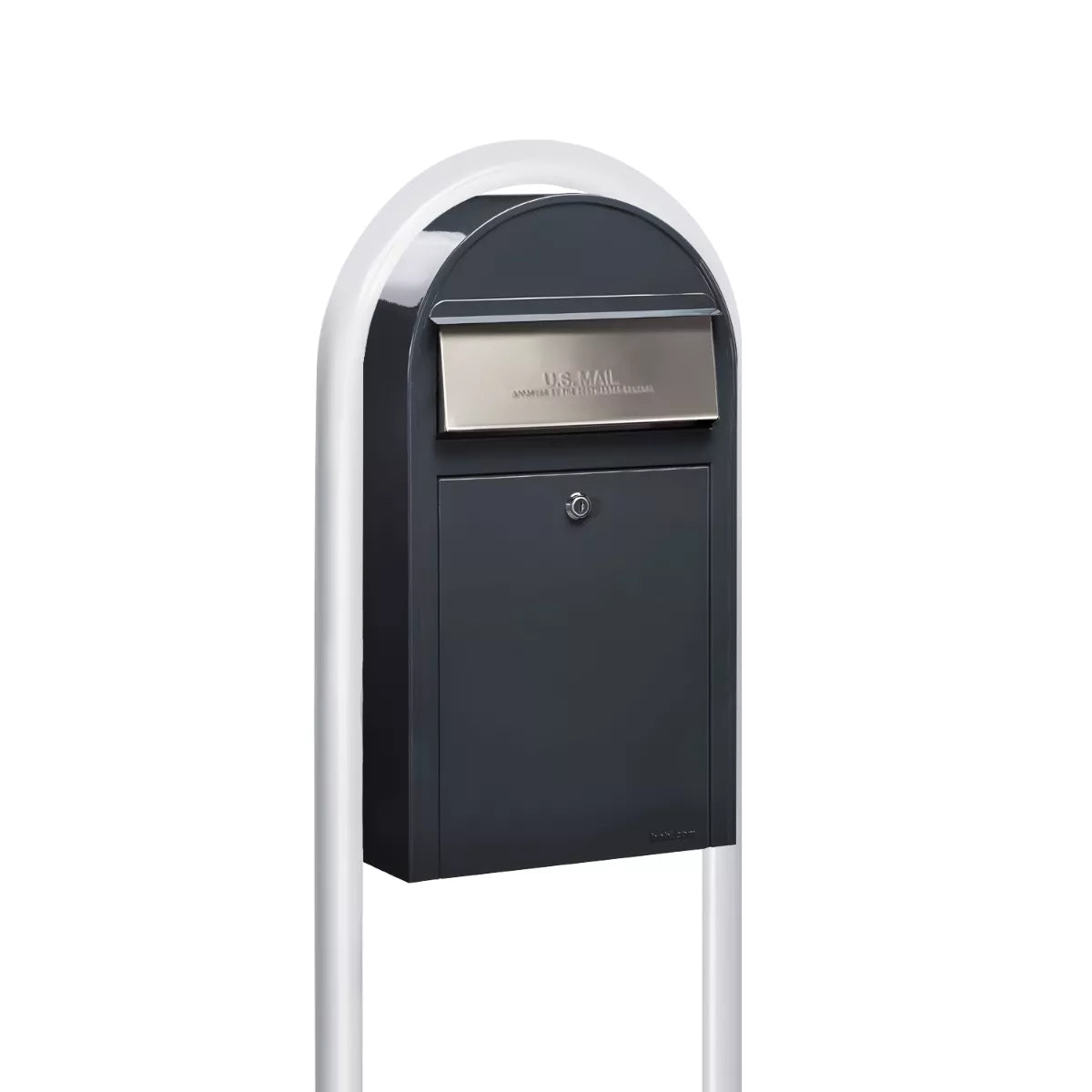 USPS Approved Bobi Grande Slim Front Access Modern Locking Grey Mailbox with Stainless Steel Mail Slot and Round White Post Combo