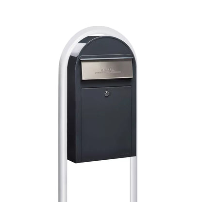 USPS Approved Bobi Grande Slim Front Access Modern Locking Grey Mailbox with Stainless Steel Mail Slot and Round White Post Combo