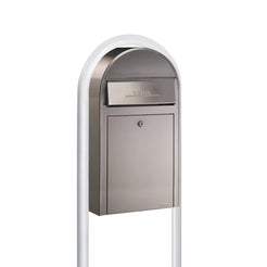 Bobi Grande Slim Front Access Modern Locking Stainless Steel Mailbox with Round White Post Combo