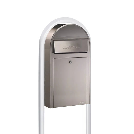 Bobi Grande Slim Front Access Modern Locking Stainless Steel Mailbox with Round White Post Combo
