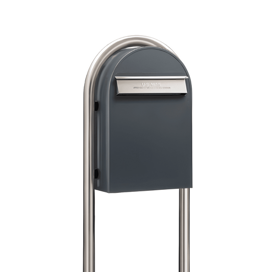 Bobi Classic B Rear Access Modern Locking Grey Mailbox with Stainless Steel Mail Slot and Round Zinc Post Combo