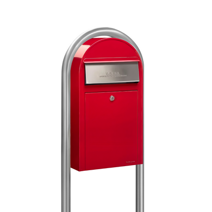 USPS Approved Bobi Grande Slim Front Access Modern Locking Red Mailbox with Stainless Steel Mail Slot and Round Zinc Post Combo
