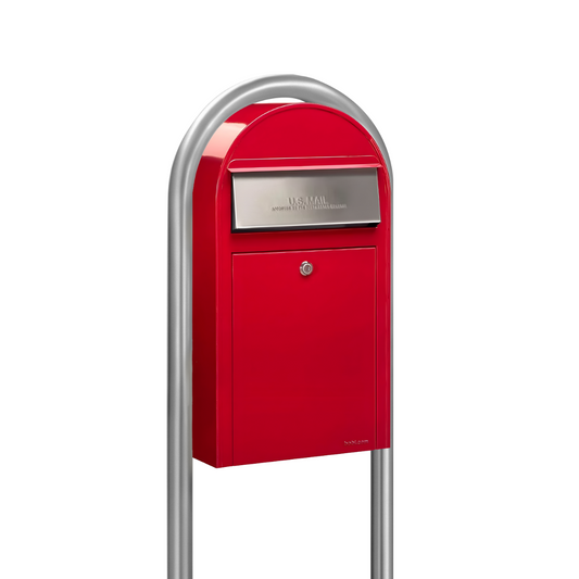 USPS Approved Bobi Grande Slim Front Access Modern Locking Red Mailbox with Stainless Steel Mail Slot and Round Zinc Post Combo