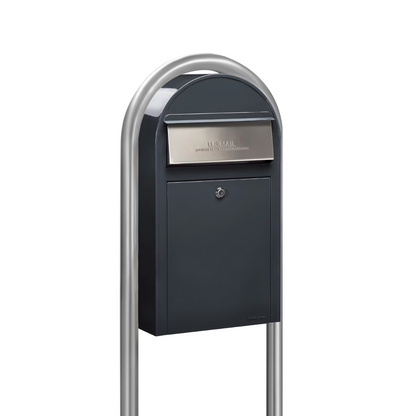 Bobi Grande Slim Front Access Modern Locking Grey Mailbox with Stainless Steel Mail Slot and Round Zinc Post Combo