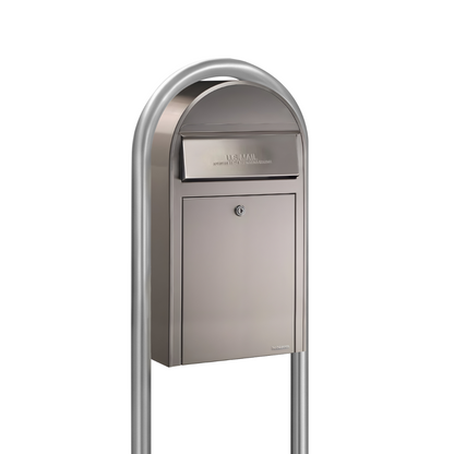 Bobi Grande Slim Front Access Modern Locking Stainless Steel Mailbox with Round Zinc Post Combo