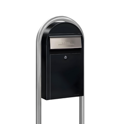 USPS Approved Bobi Grande Slim Front Access Modern Locking Black Mailbox with Stainless Steel Mail Slot and Round Zinc Post Combo