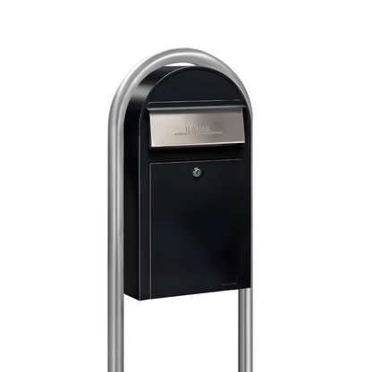 USPS Approved Bobi Grande Slim Front Access Modern Locking Black Mailbox with Stainless Steel Mail Slot and Round Zinc Post Combo